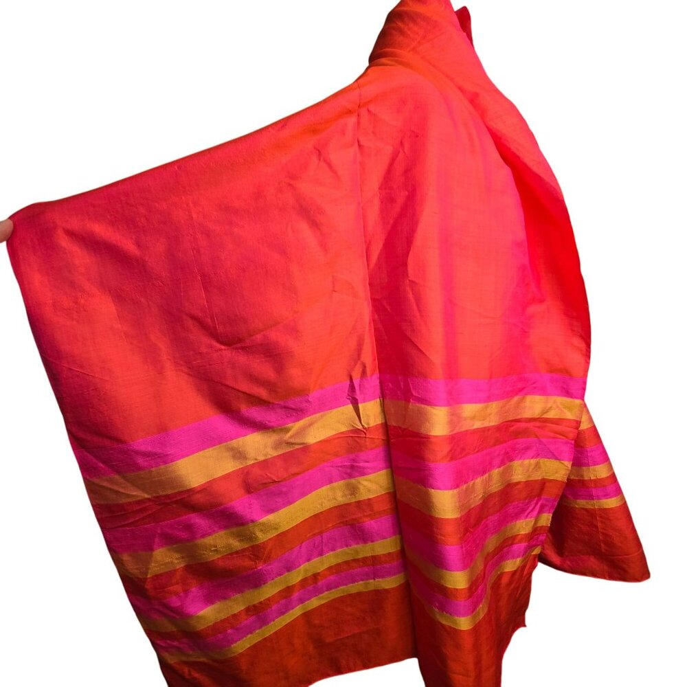 Vintage Pink Orange Handwoven Raw Silk Scarf/Shawl With Fuchsia Stripes HS242 - Picture 7 of 10